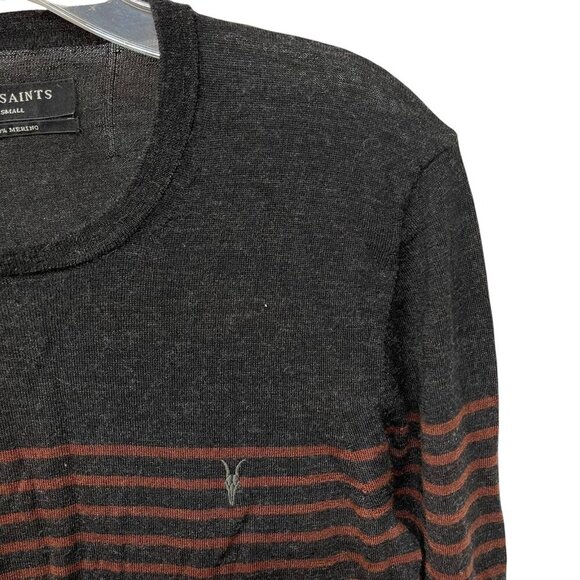 Allsaints Mens Keel Merino Wool Crew Sweater Stripes Size Small Gray Brown - Picture 3 of 9
